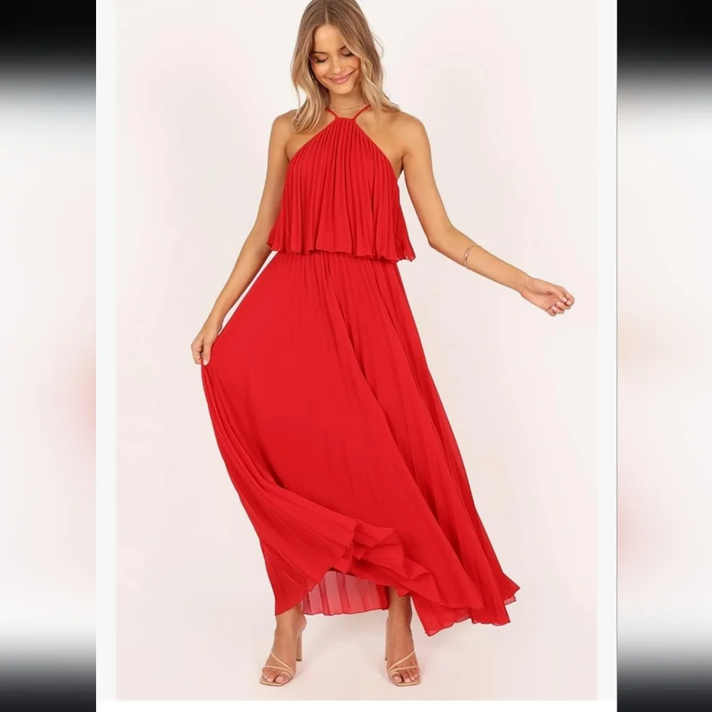 PETAL & PUP Red Gia Pleated Halterneck Maxi Dress Gown Sz S Evening Wedding - Picture 4 of 15